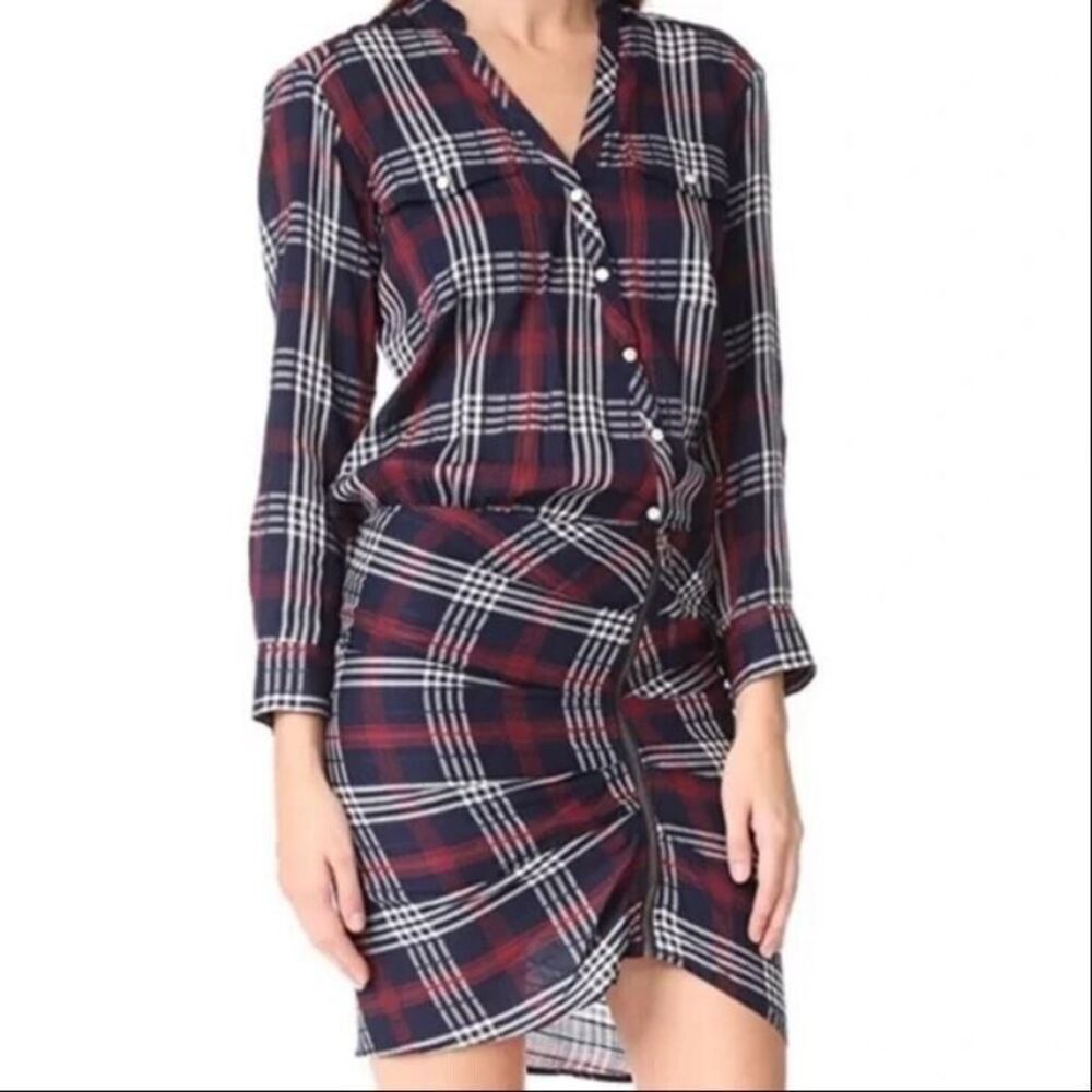 Veronica Beard Emory Mini Dress 2 Navy Blue Plaid Long Sleeve Button Up Ruched